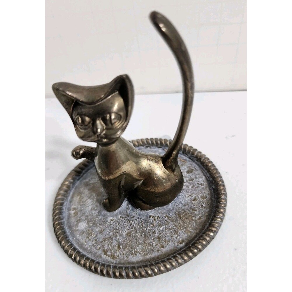 Vintage Cat Long Tail Figurine Silver Plated Ring Holder Trinket Jewelry Dish 3"